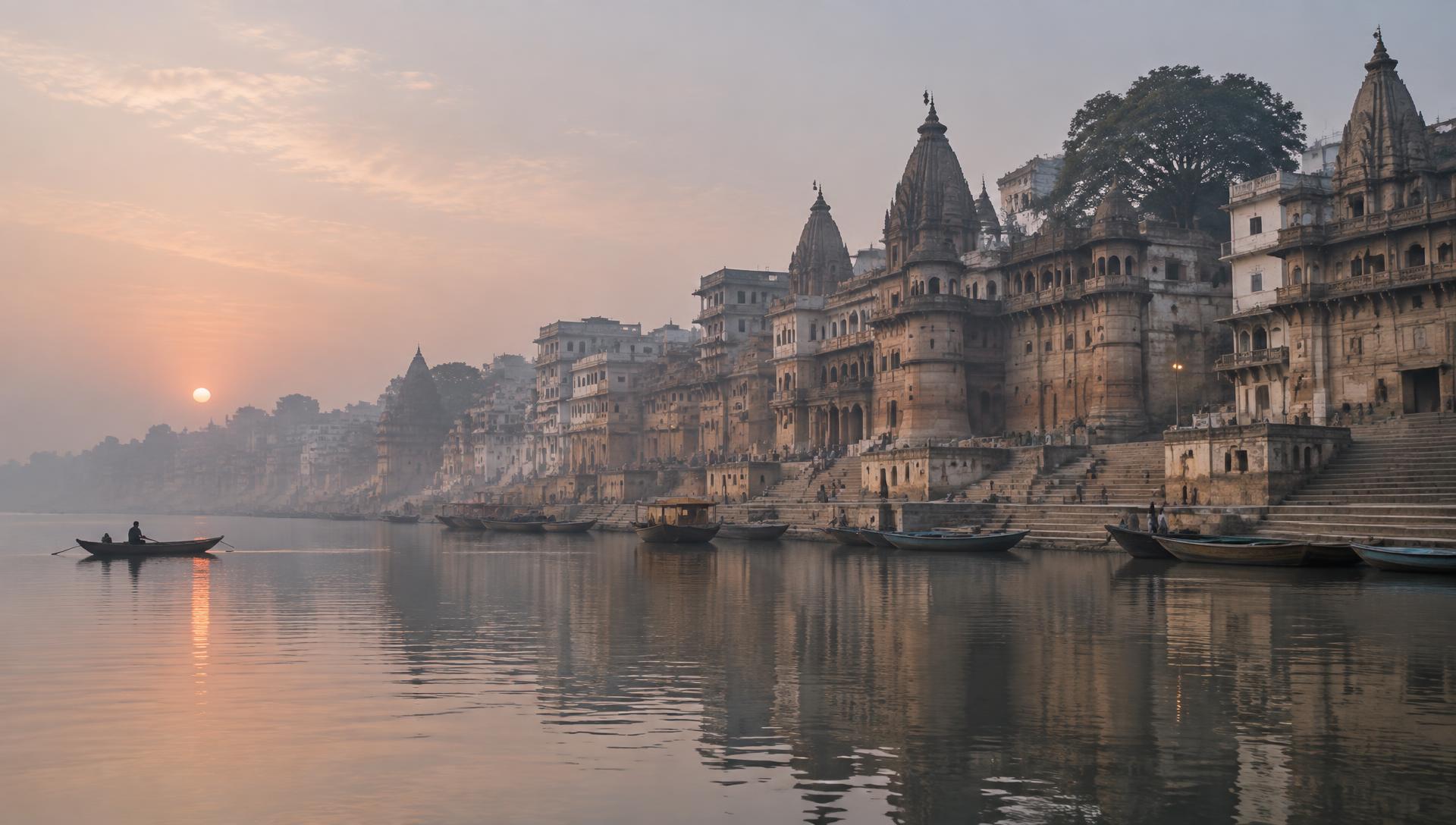The historic ghats of Varanasi seen from across the Ganges at dawn